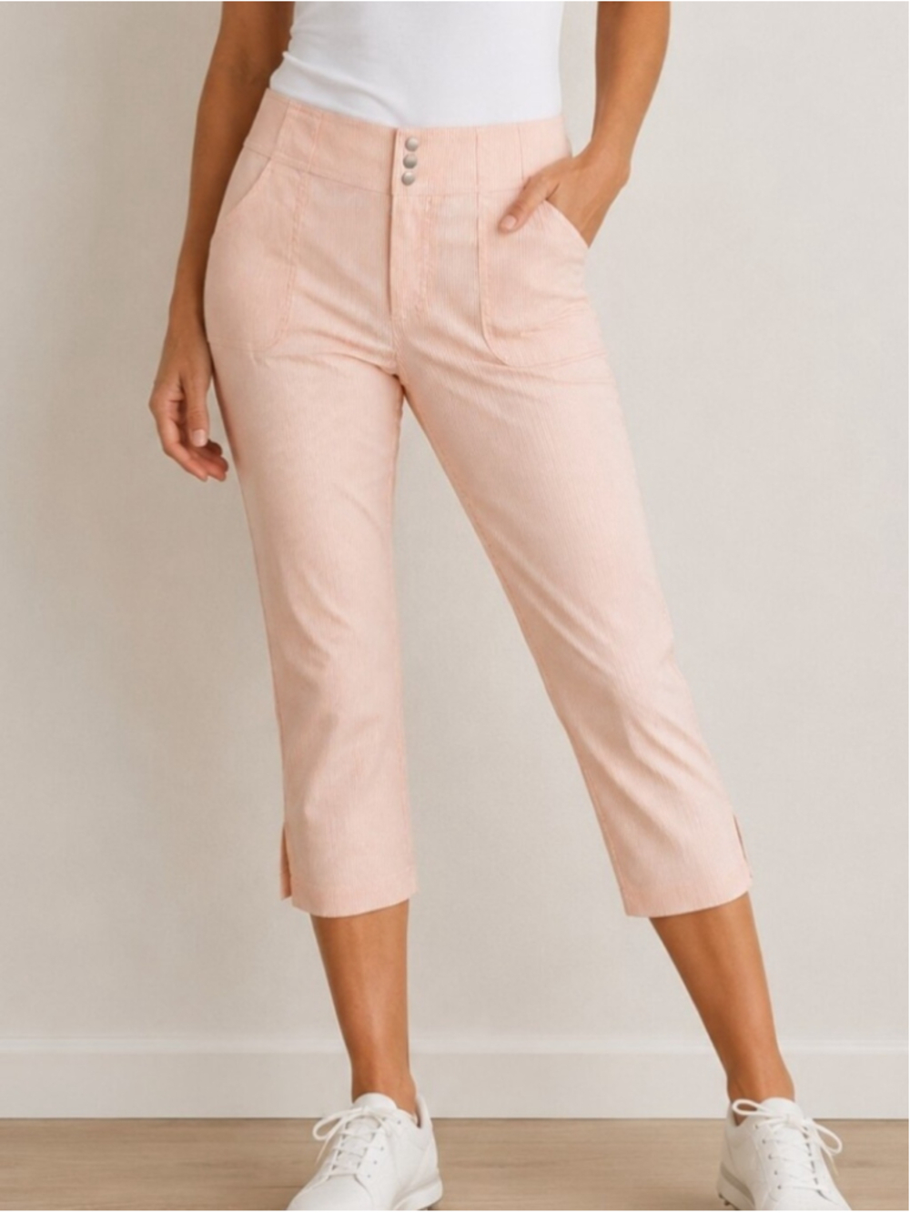 Jofit Peach White Pinstripe Capri Pants Womens Size 14 Golf Stretch Slim Ankle